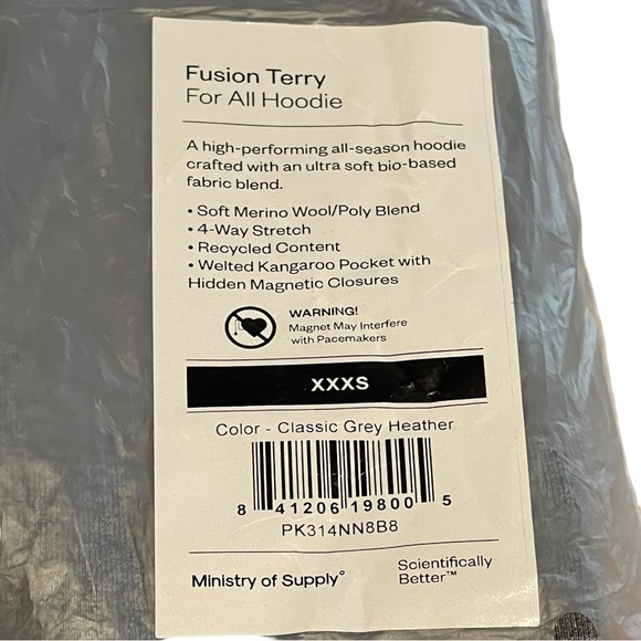 Ministry Of Supply Unisex XXXS Fusion Terry For All Hoodie Gray 4 Way Stretch - Picture 10 of 12